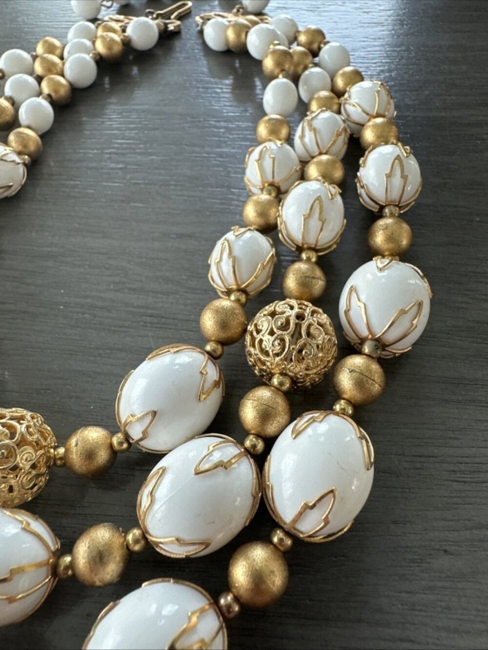 VTG Deauville Necklace White Lucite Gold Leaf Caps Triple Strand Filigree Bead - Picture 4 of 7